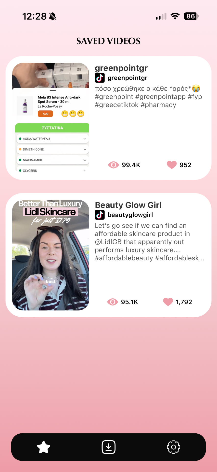 Save AI saved videos screen with TikTok beauty videos
