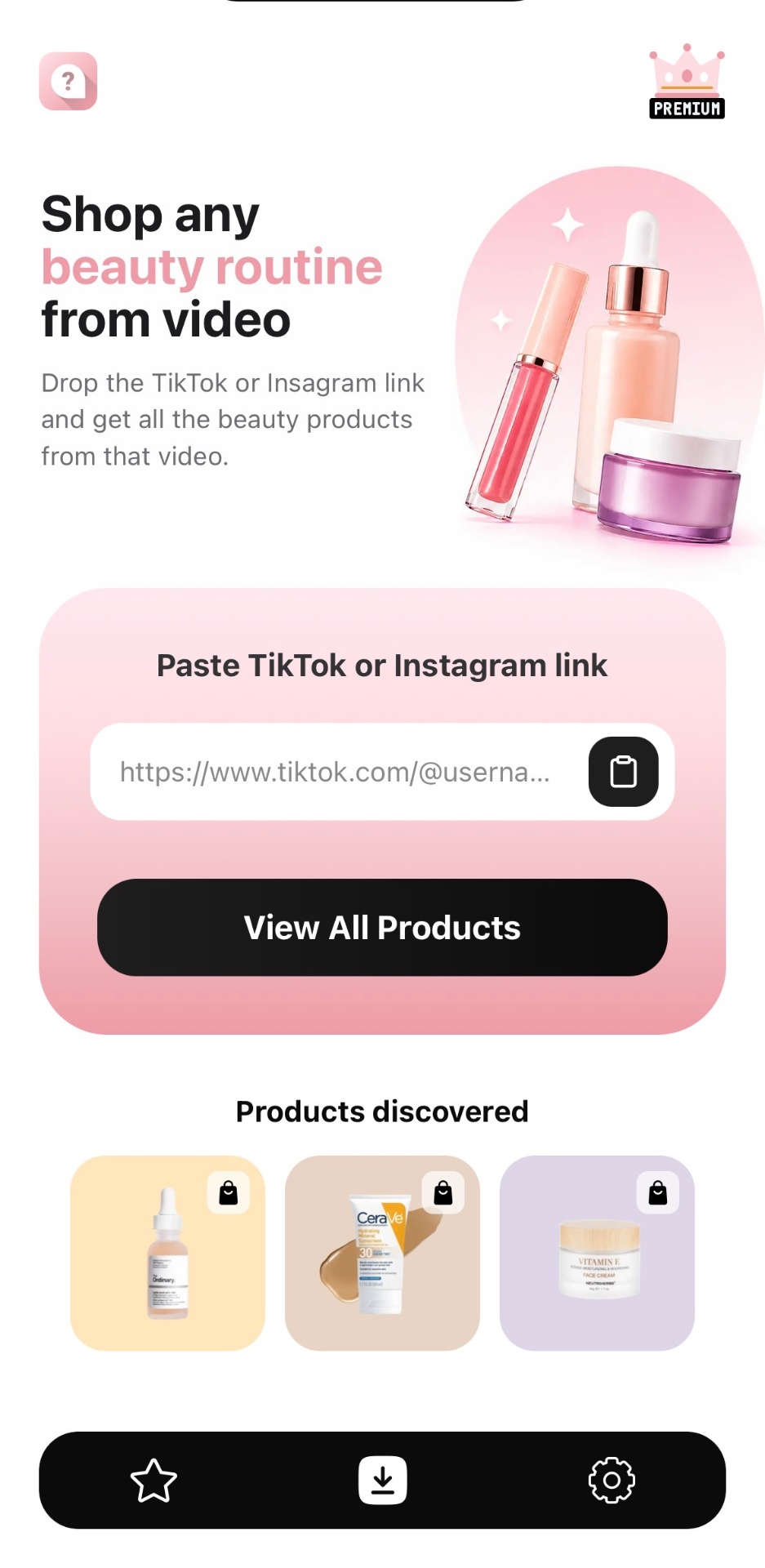 Save AI app home screen for shopping beauty routines from video links